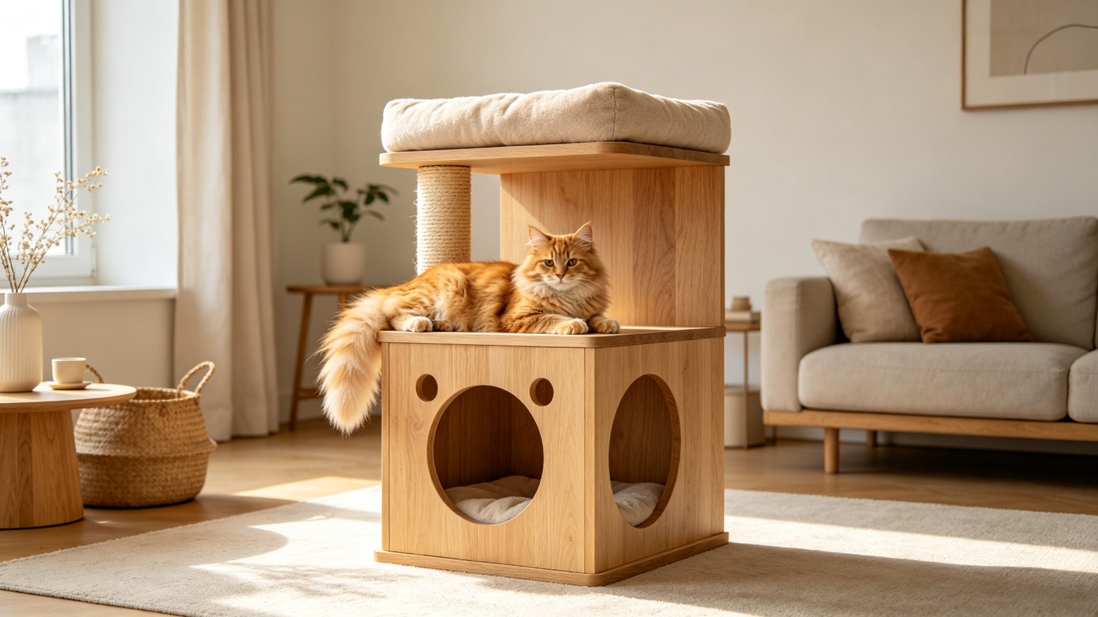 Modern wooden cat tree with orange tabby cat in Scandinavian living room